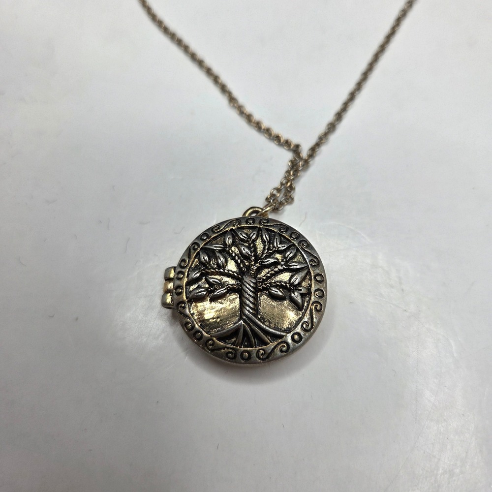 Tree of Life Locket Necklace Round Gold Tone Magnetic 30in Boho Vintage Style